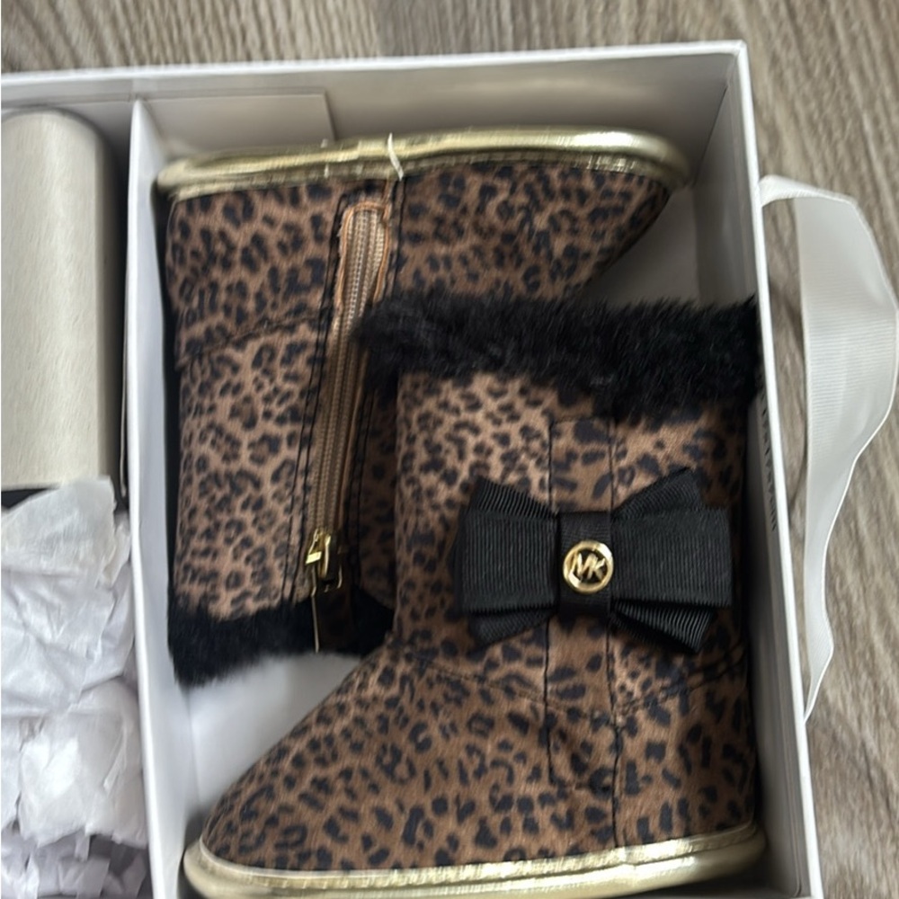 Michael Kors Leopard Print Infant Boots with Black Bow and Gold Accent